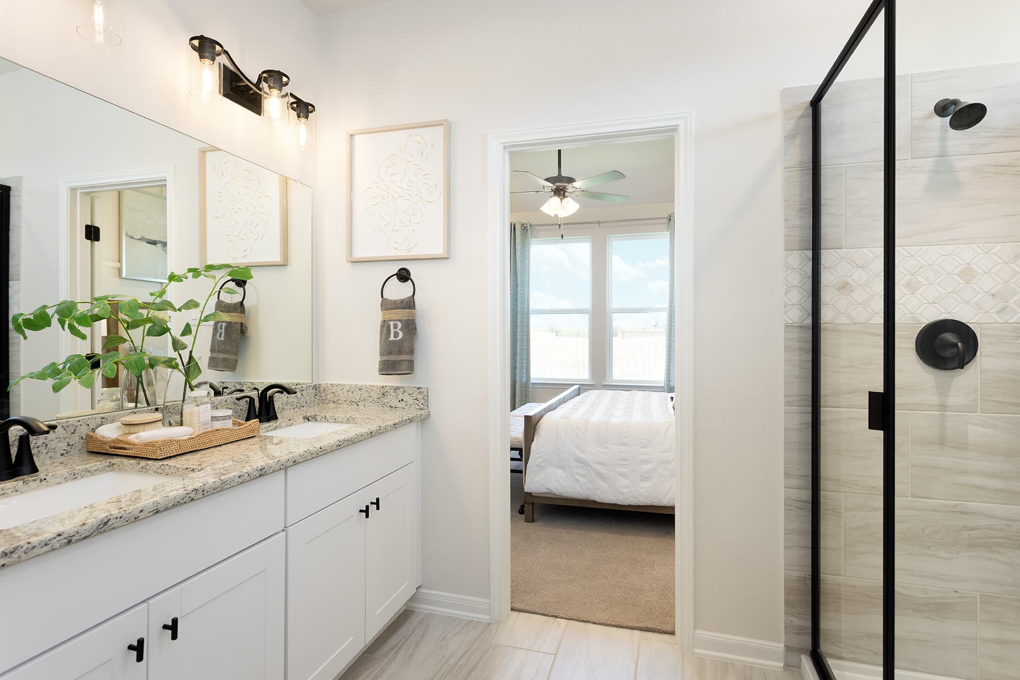 bathroom with walk-in shower & granite countertops