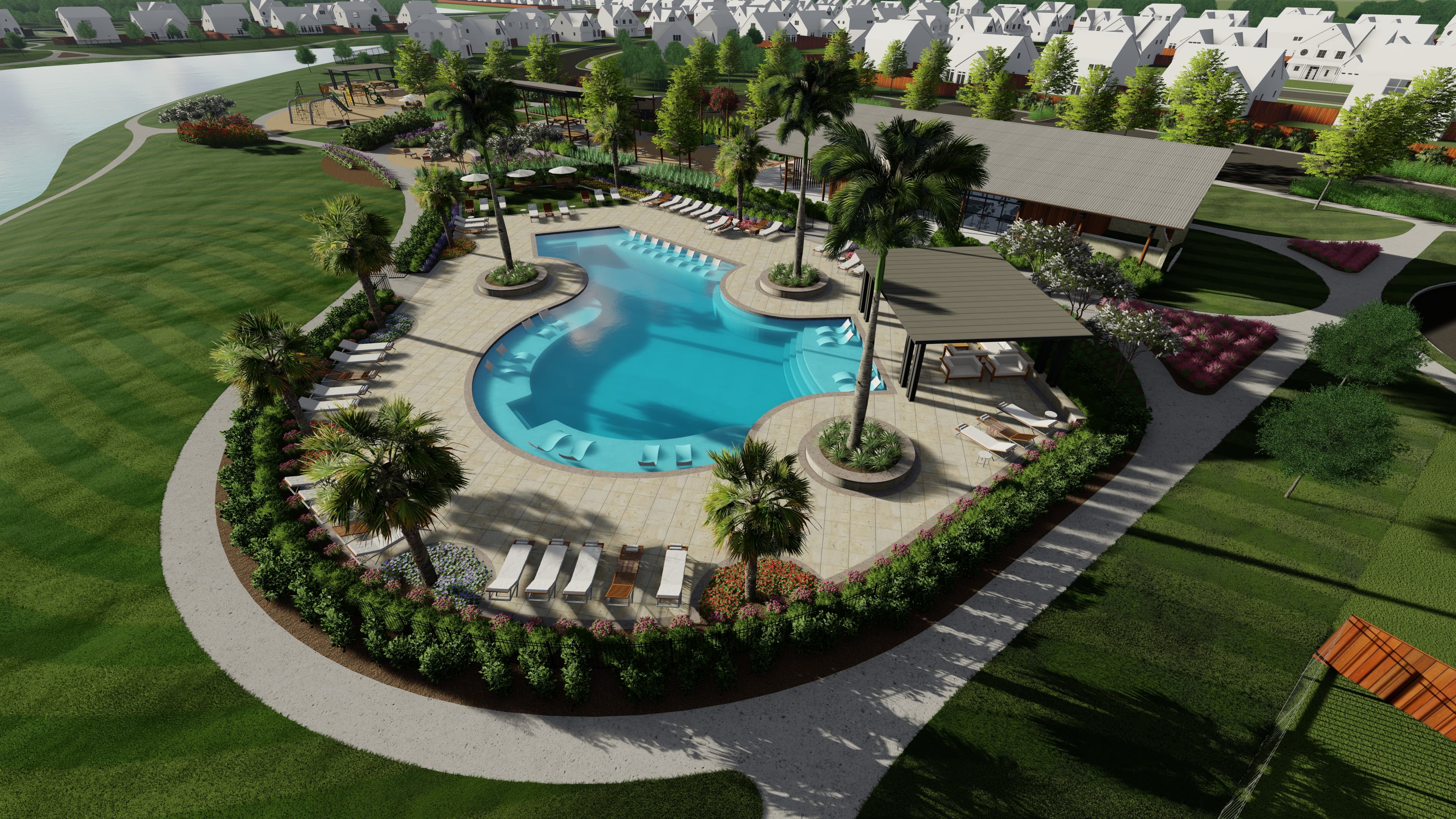 amenity center and pool with landscaping 