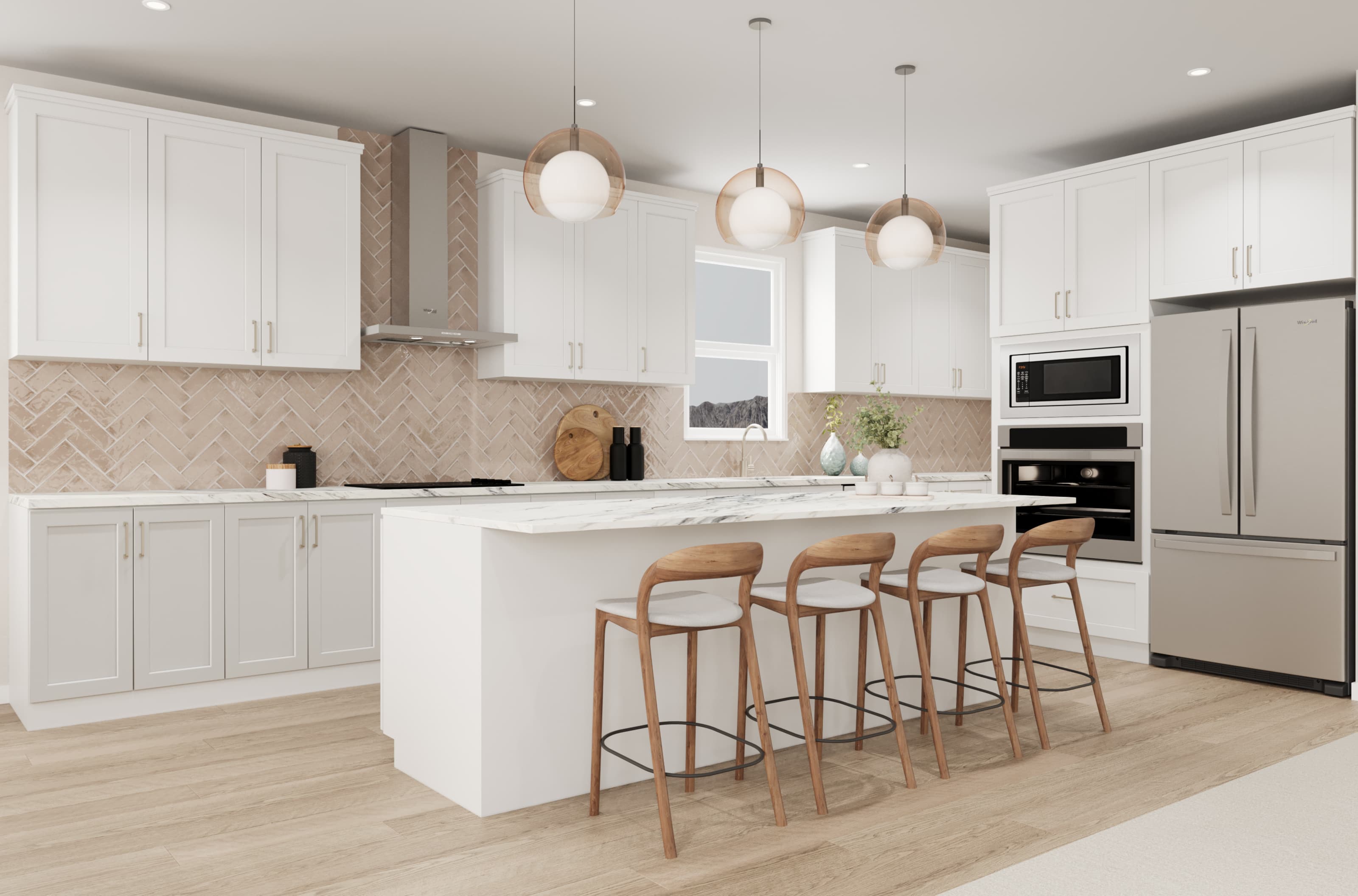 white cabinets with large kitchen island