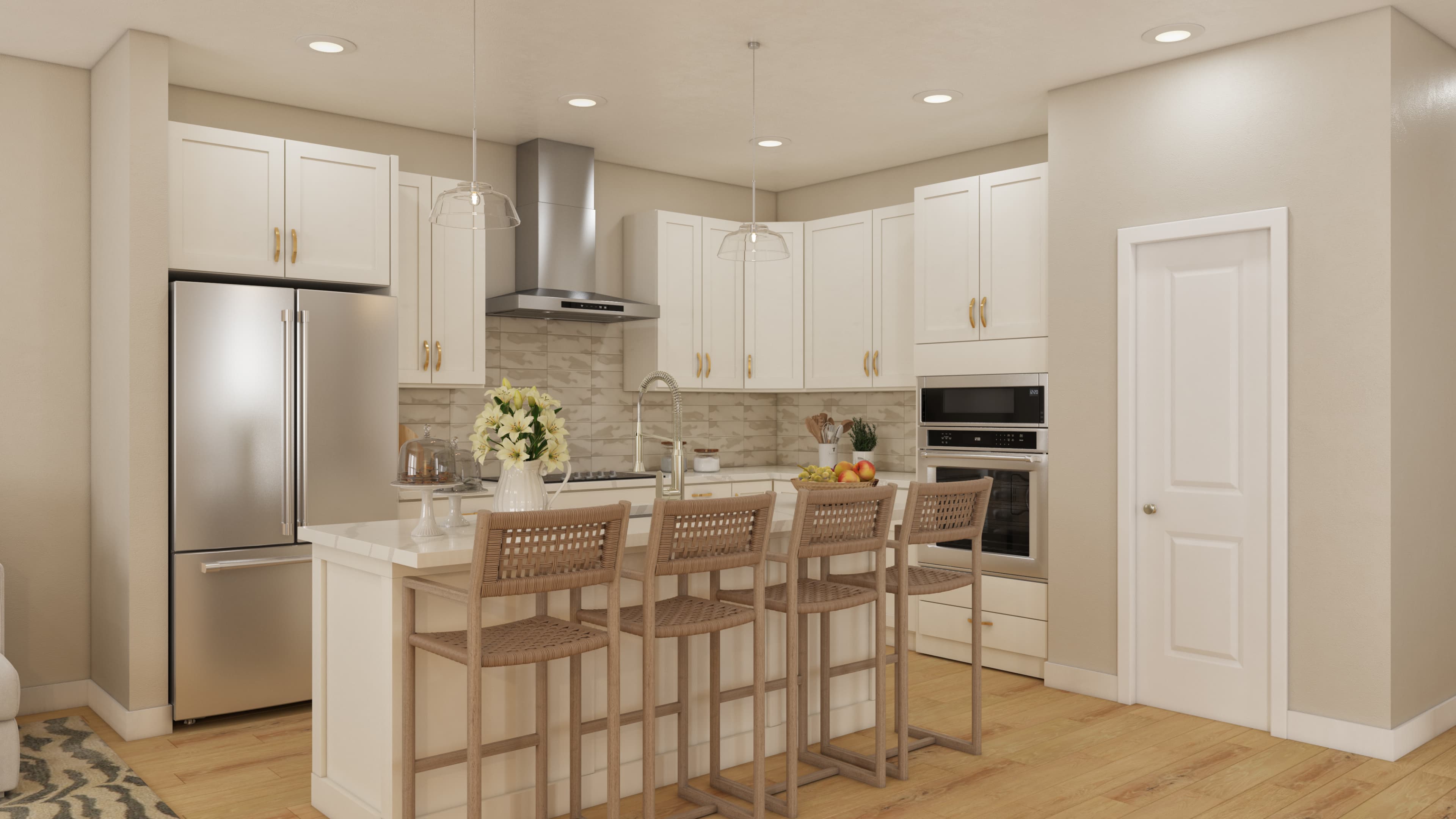 kitchen with large island and four barstools