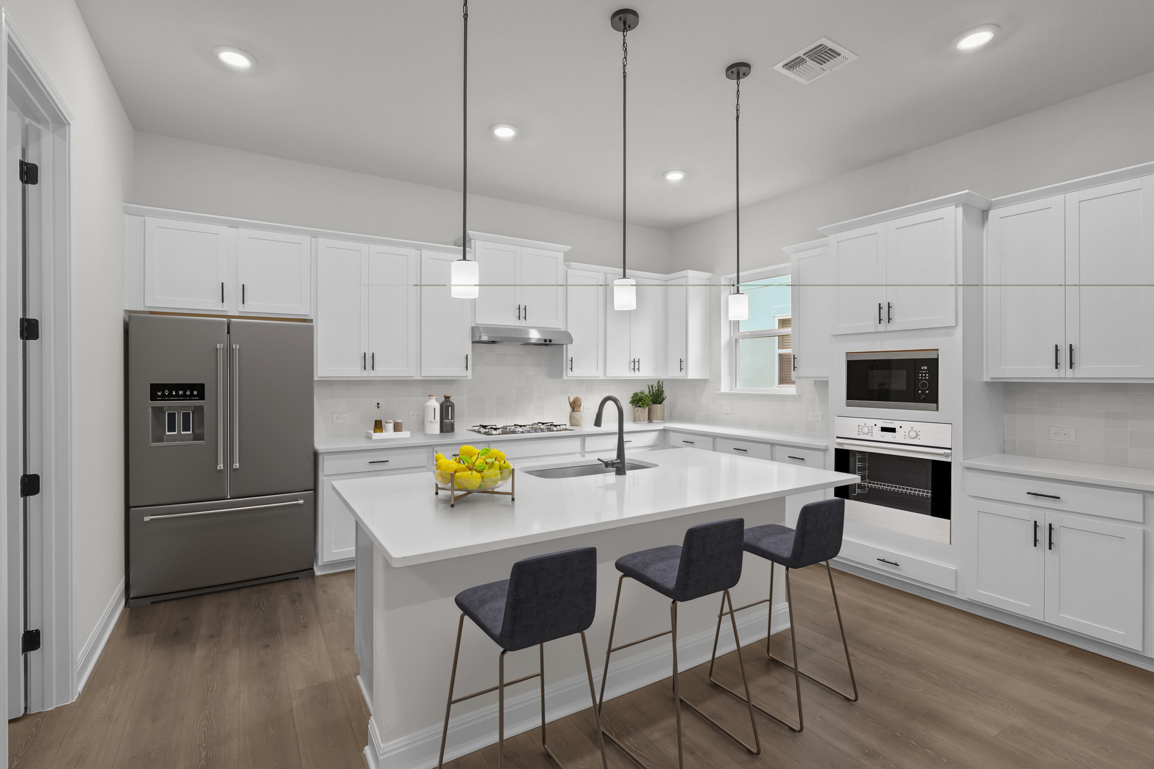 kitchen with brown flooring & pendant lighting