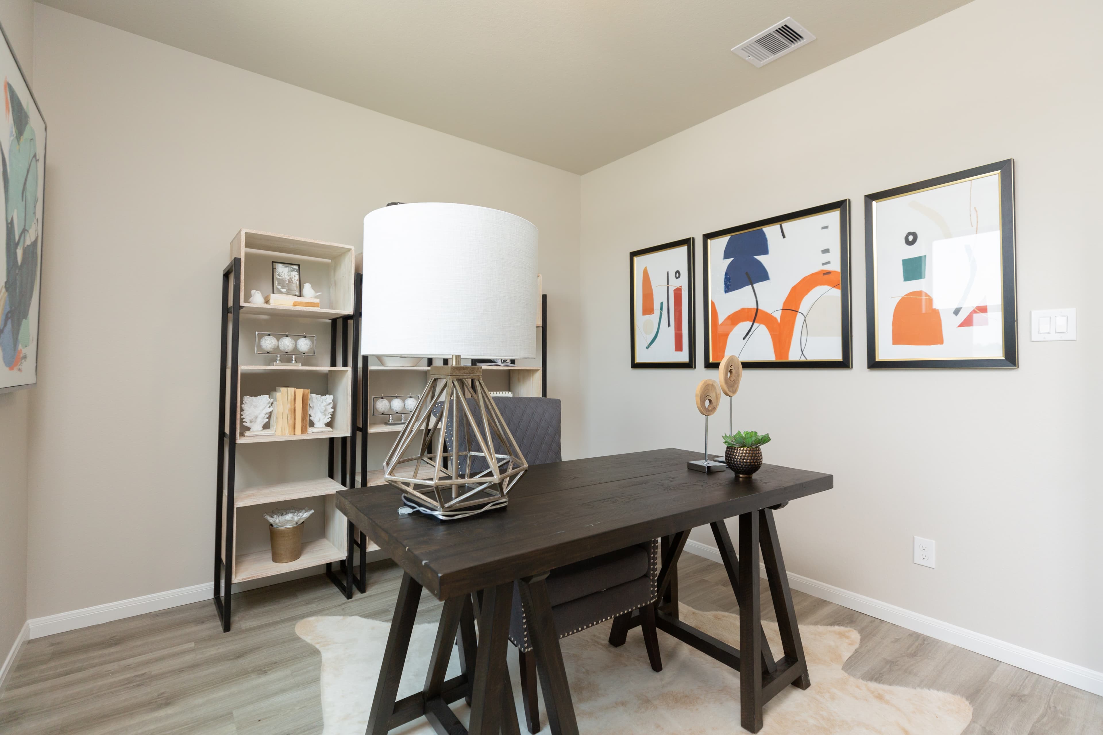 private study with wood-like vinyl flooring