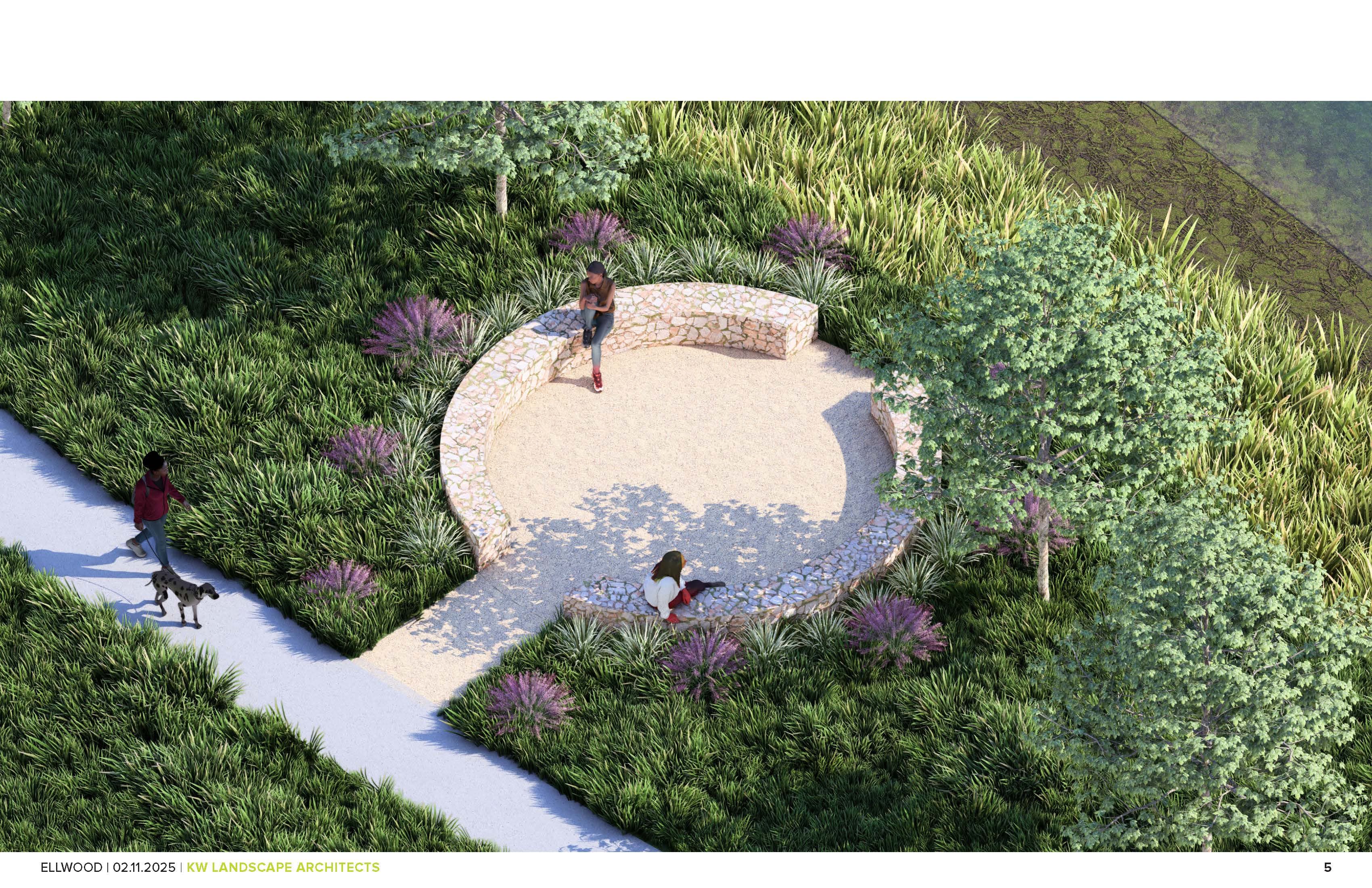 native landscaping with brick bench