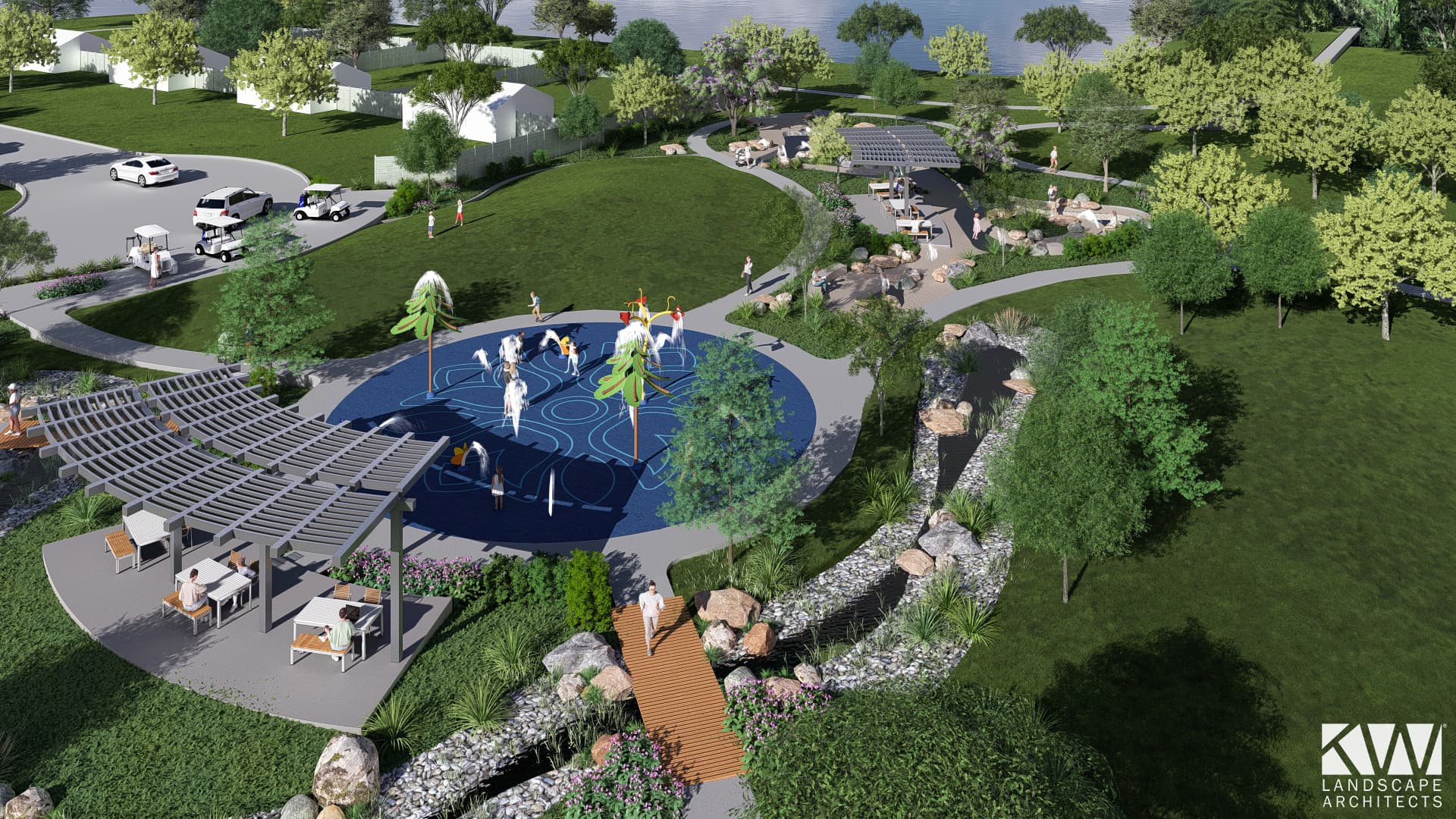 splash pad with water features & gazebo