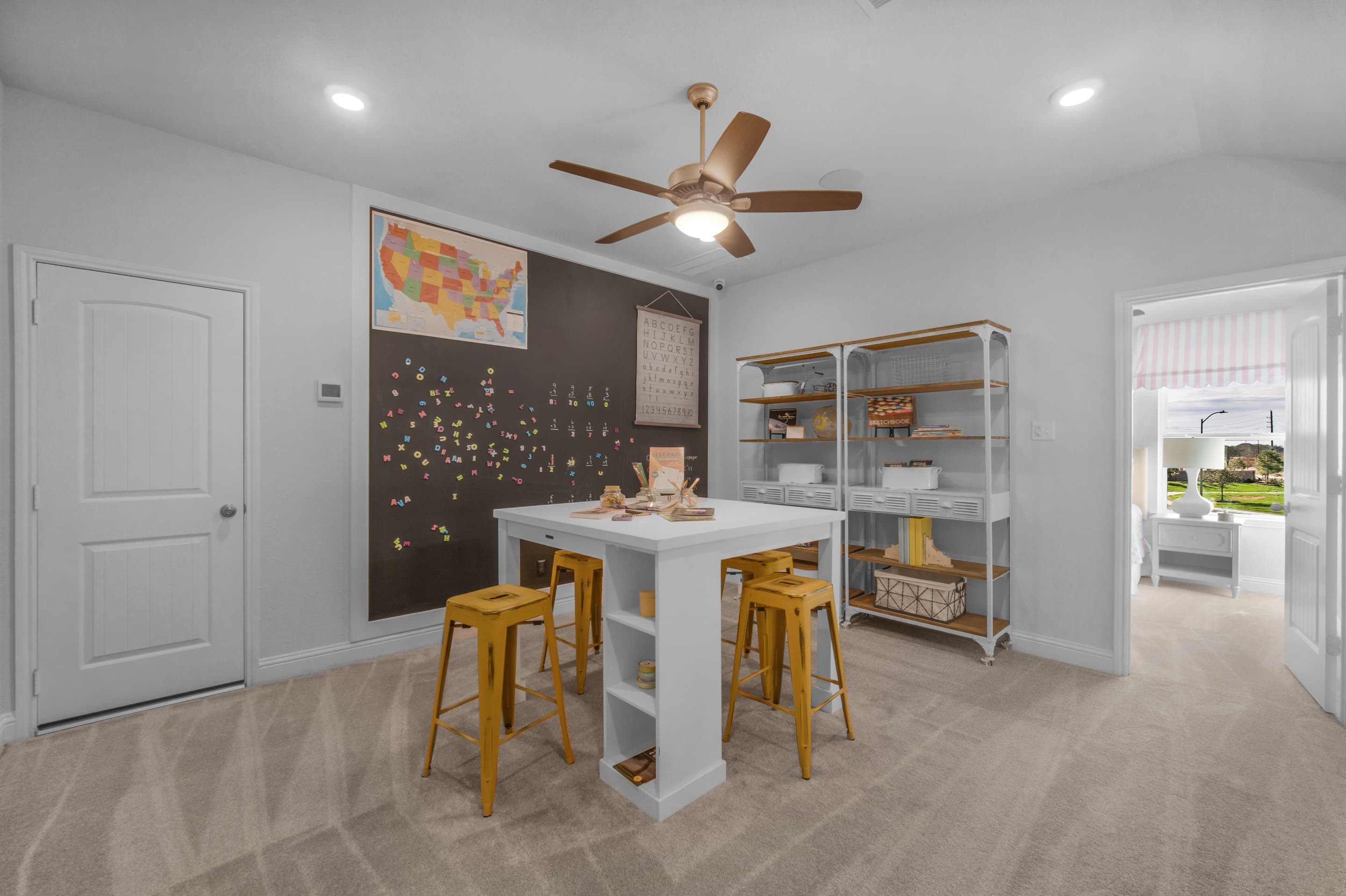 versatile second-floor loft with carpet flooring 
