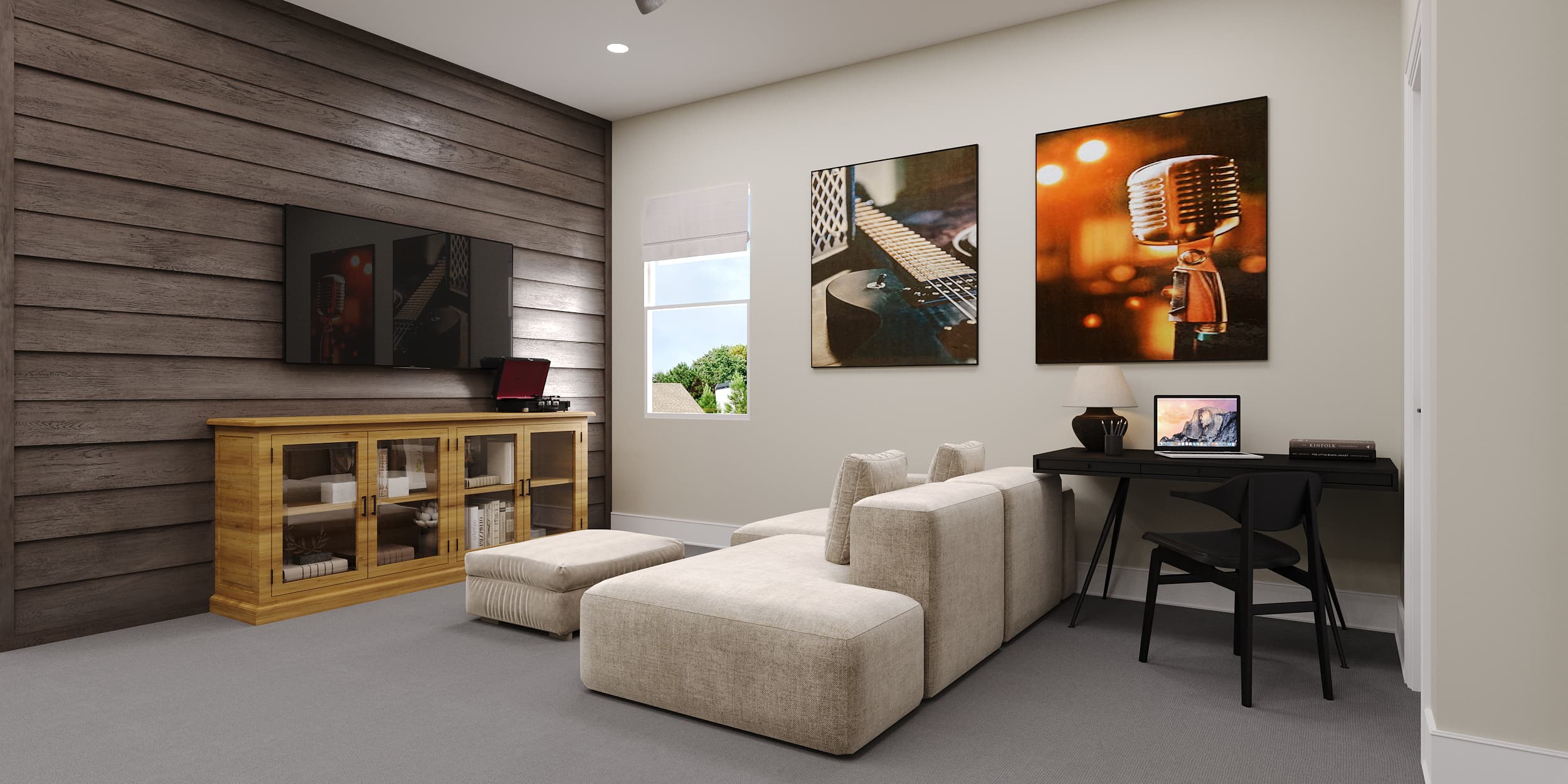 loft with a sectional couch and a desk