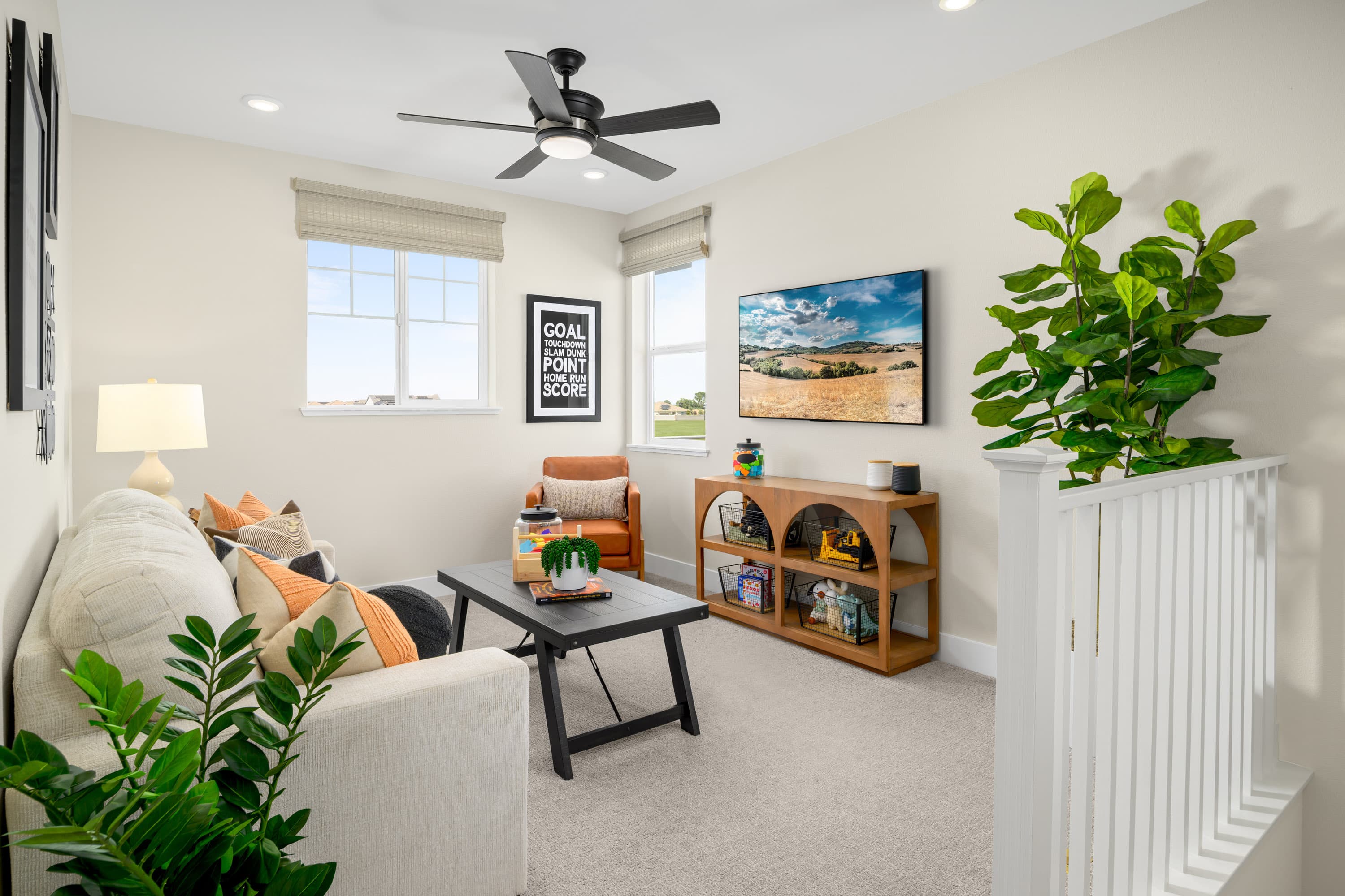 loft with white sofa & wood toy storage