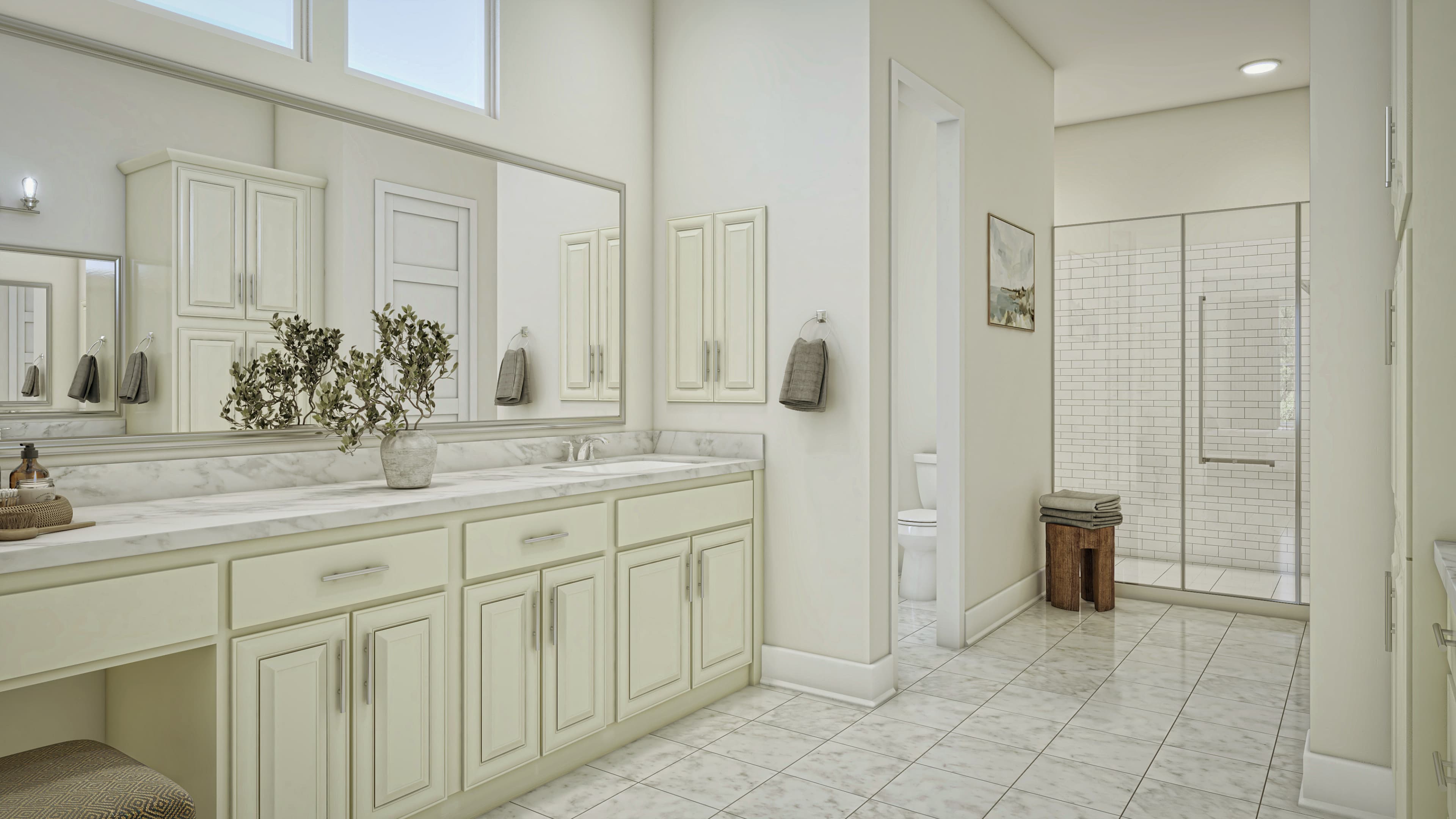 primary bathroom with tile floors & walk-in shower