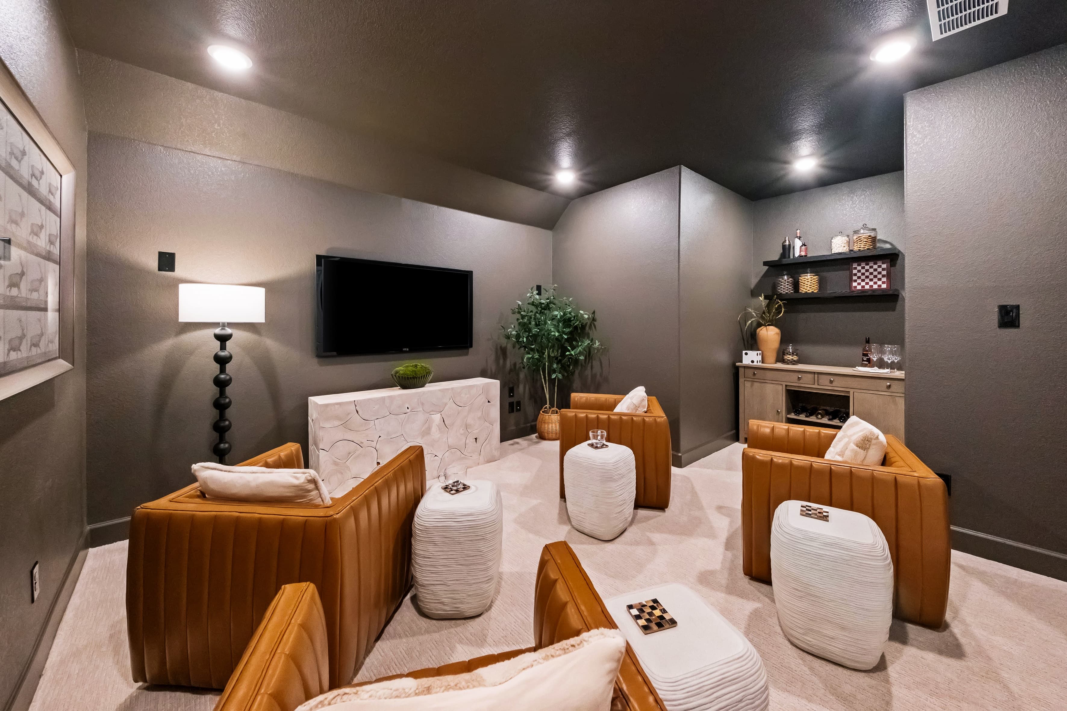 media room with carpet and recessed lights