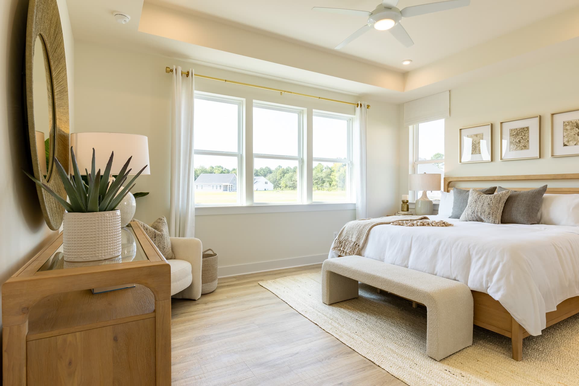 primary suite with a box ceiling