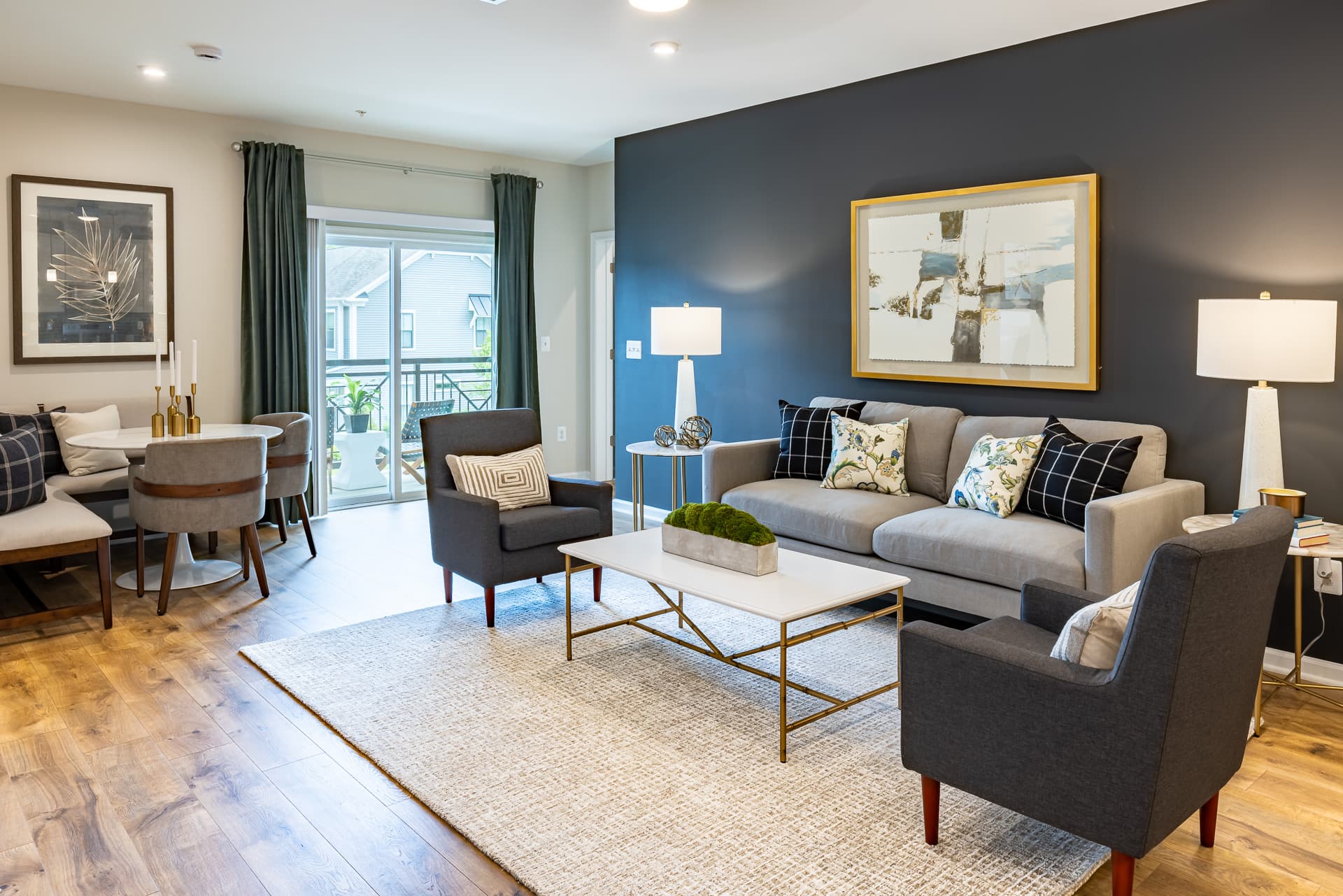 spacious living room with designer flooring