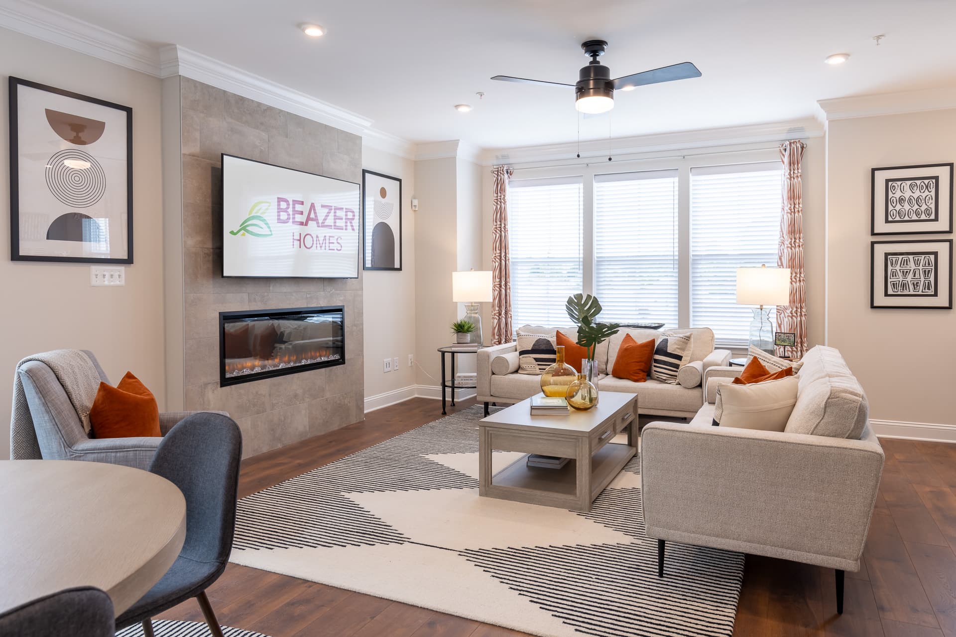 great room with a built-in fireplace