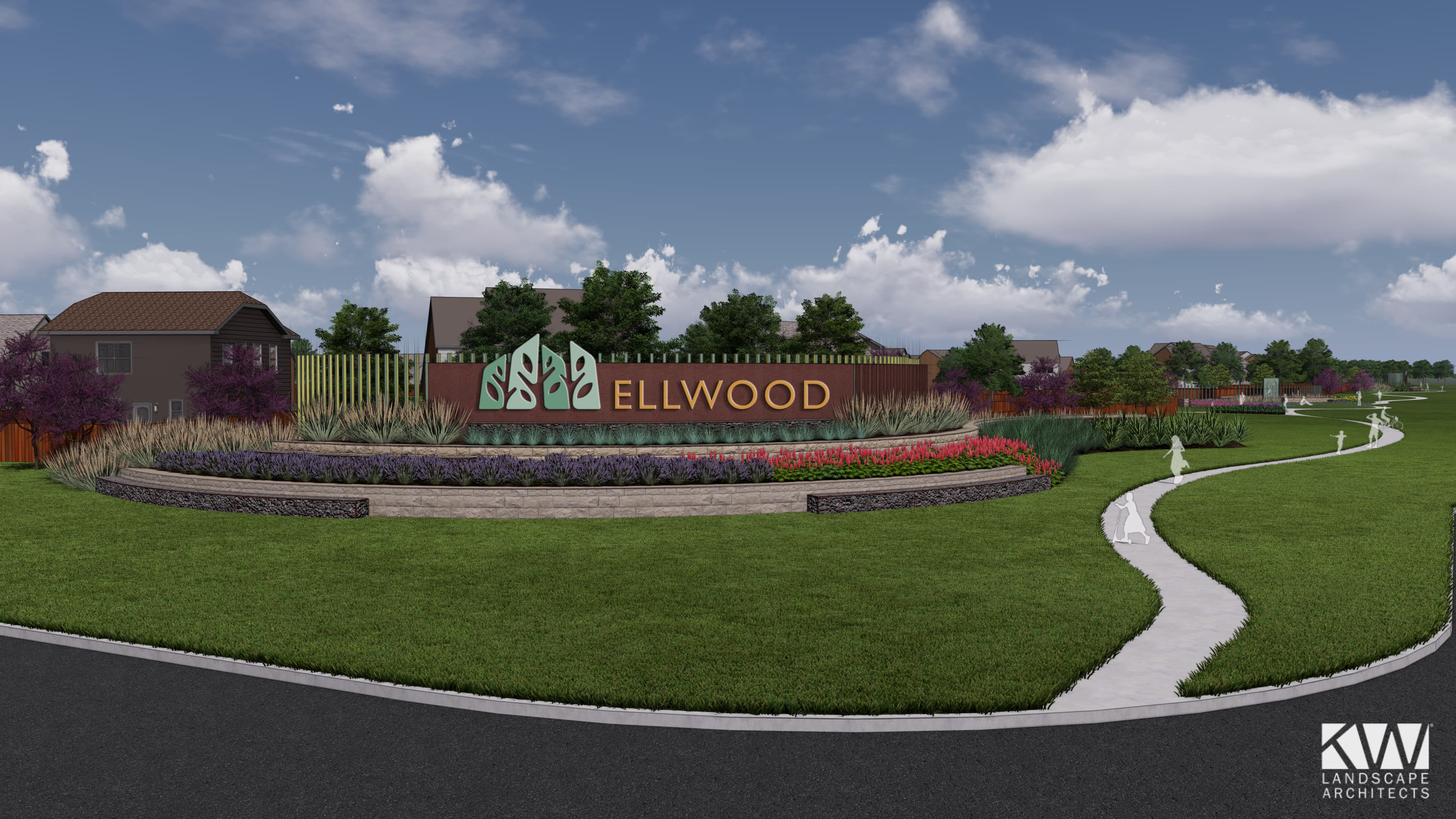 community sign with sidewalk