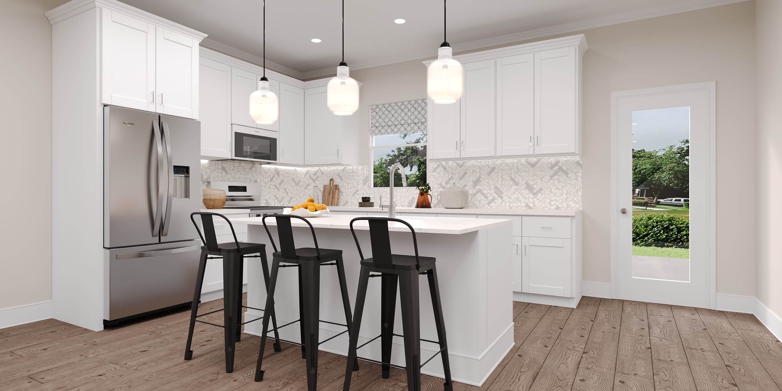 kitchen with white cabinets and an island