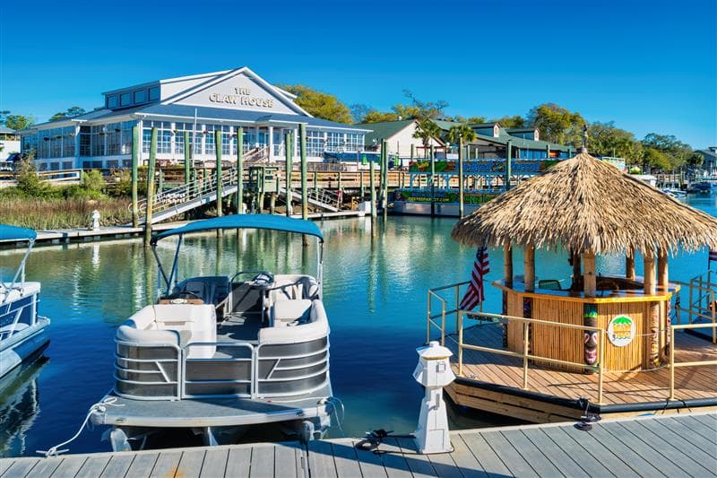 dock and boats at the Murrells Inlet marshwalk