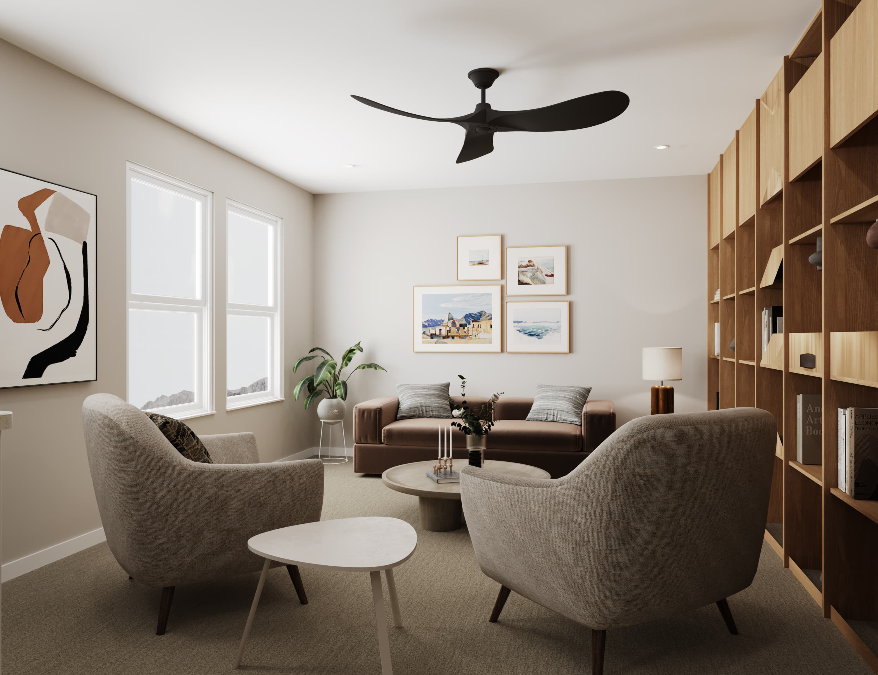 loft with couch and chairs with natural light