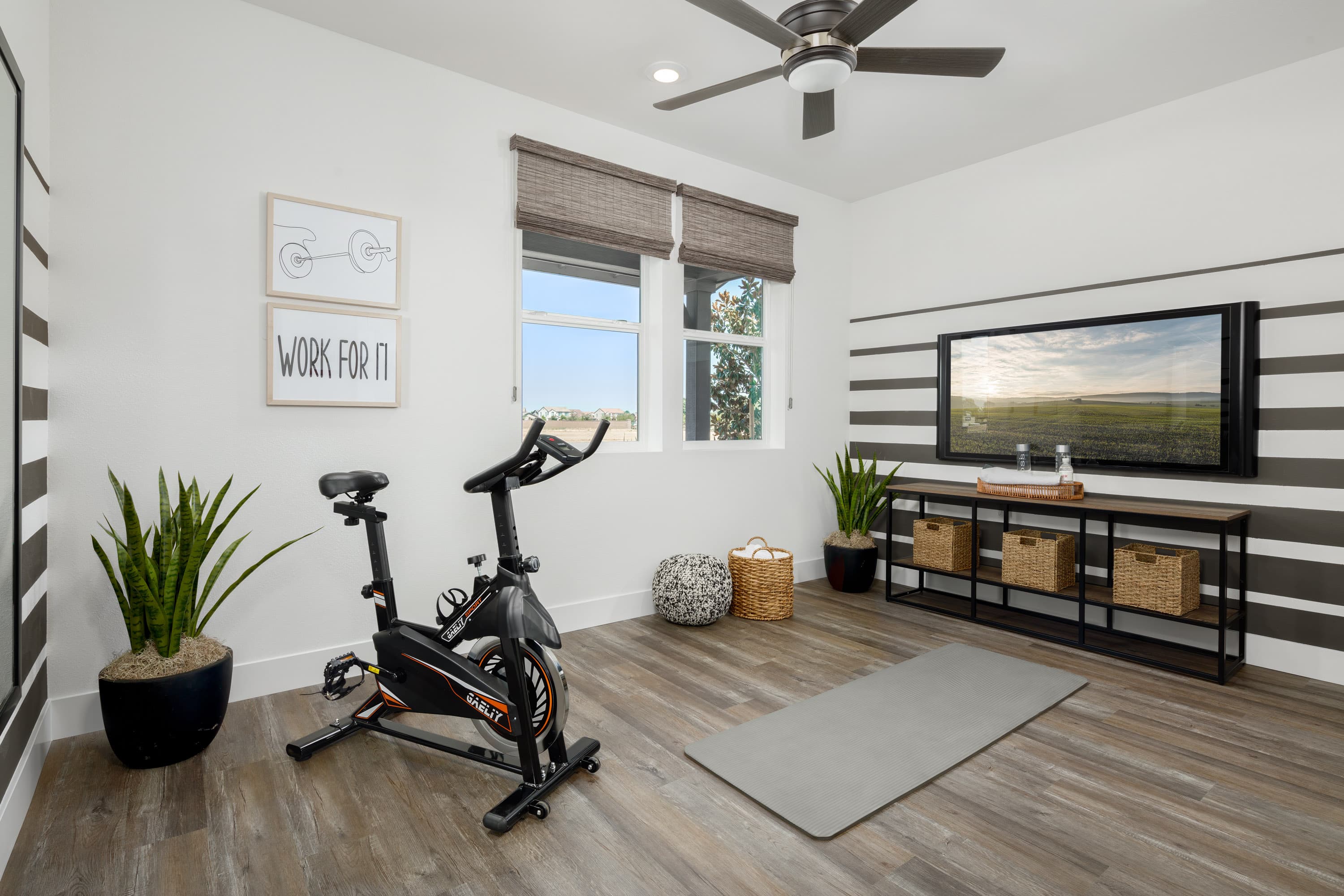 bedroom being used as home gym with exercise bike