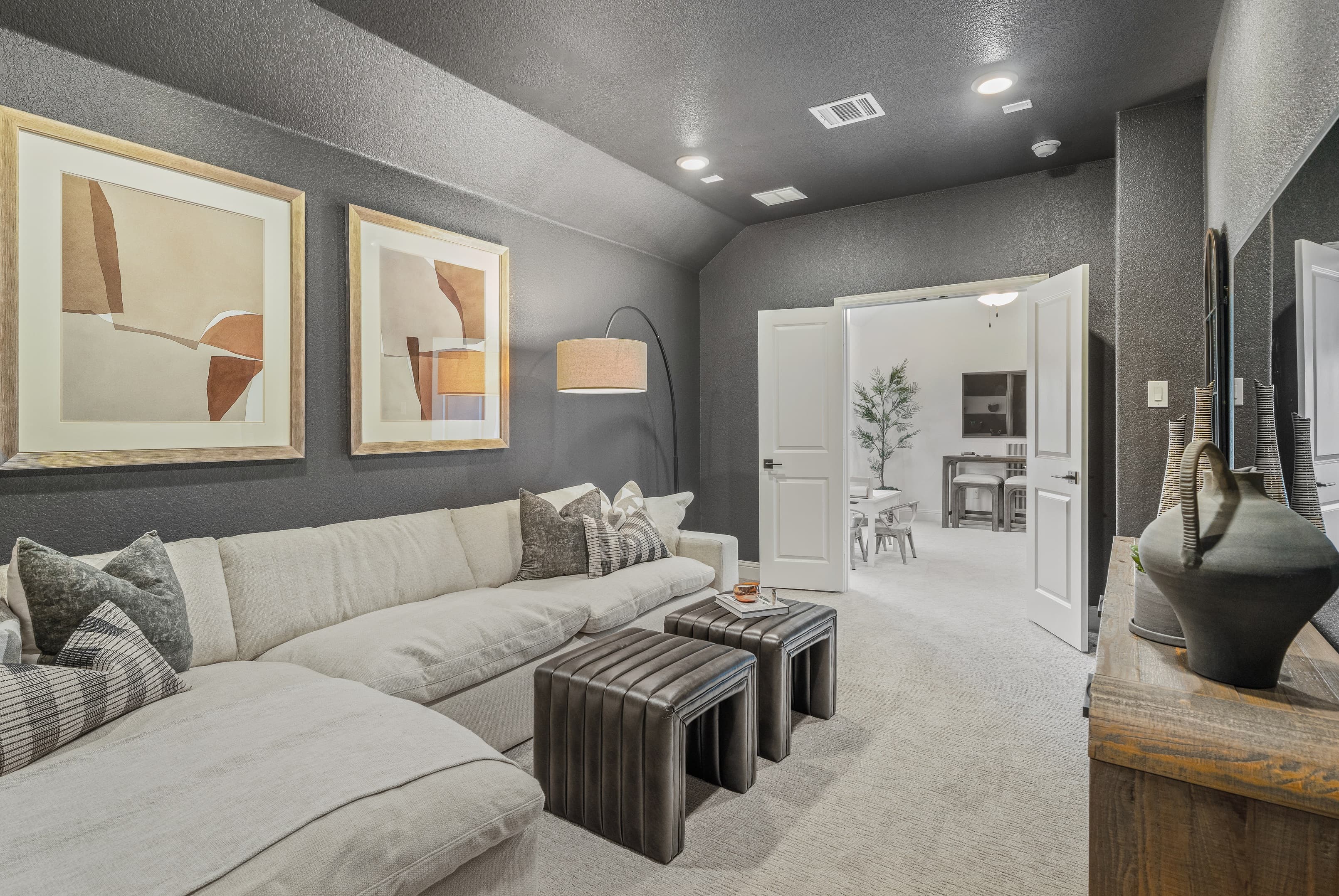 media room with recessed lighting and carpet