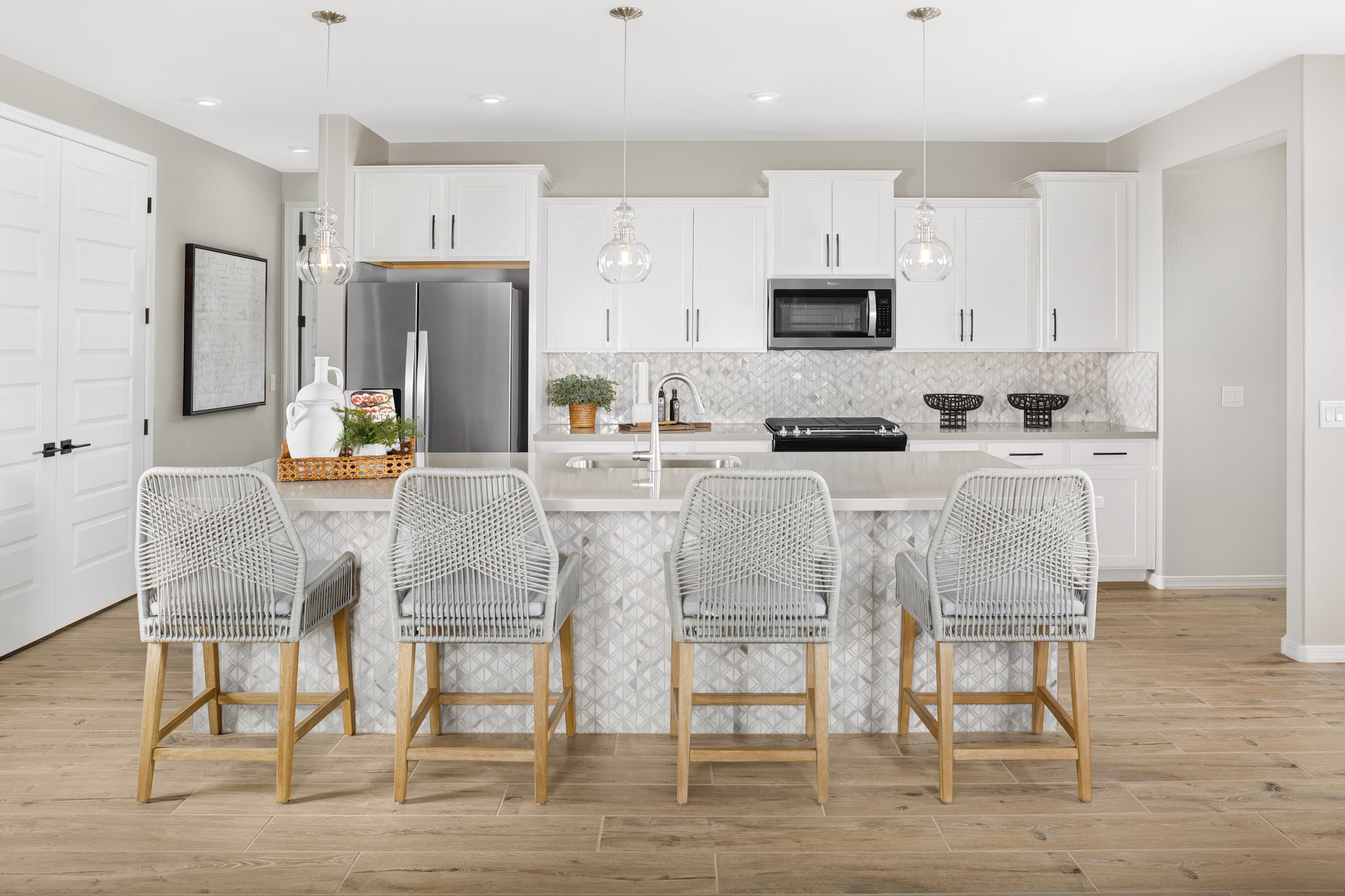 large kitchen island with quartz countertops