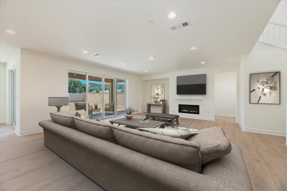 great room with a large grey sectional