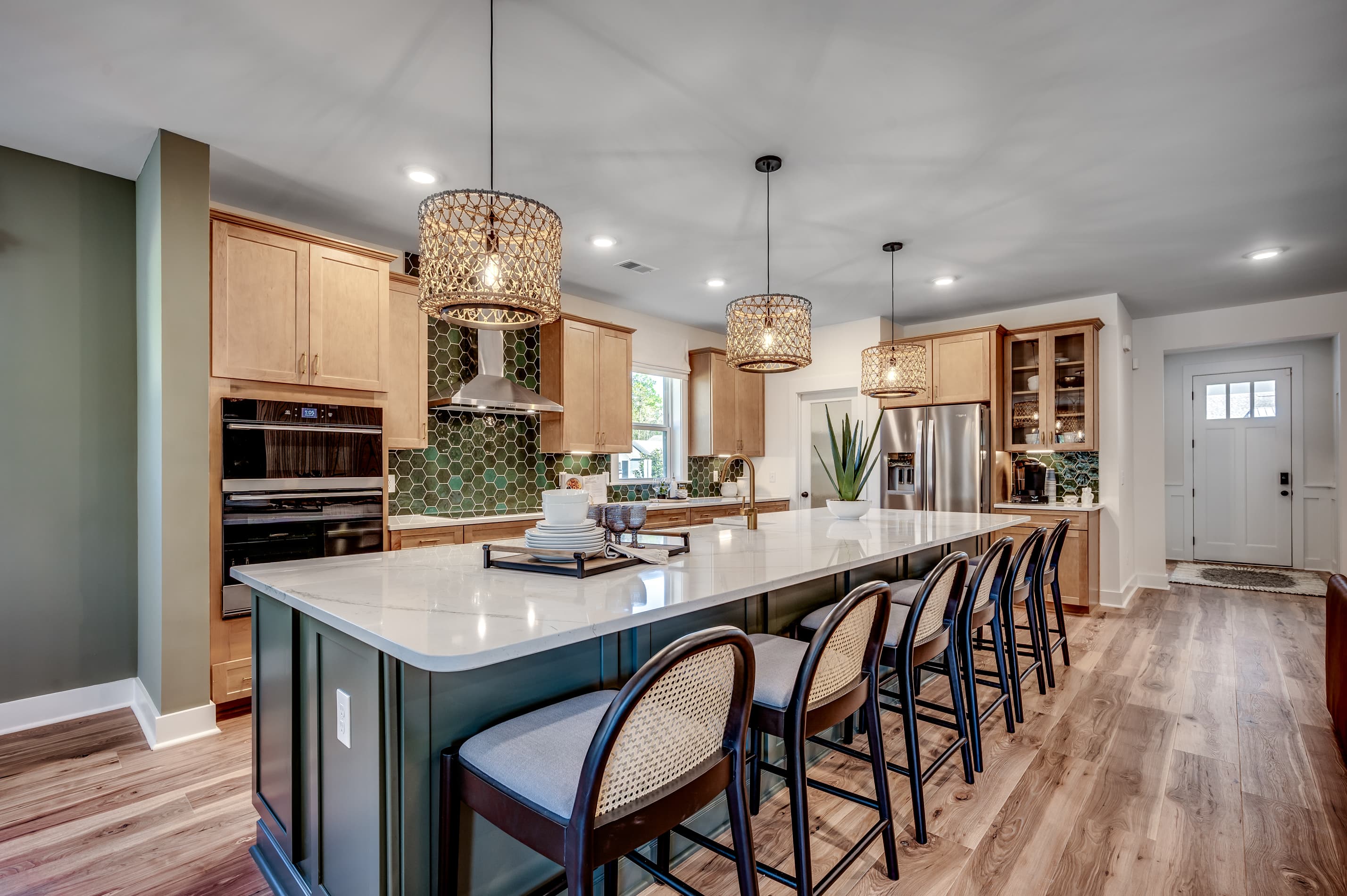 large island with brown cabinets
