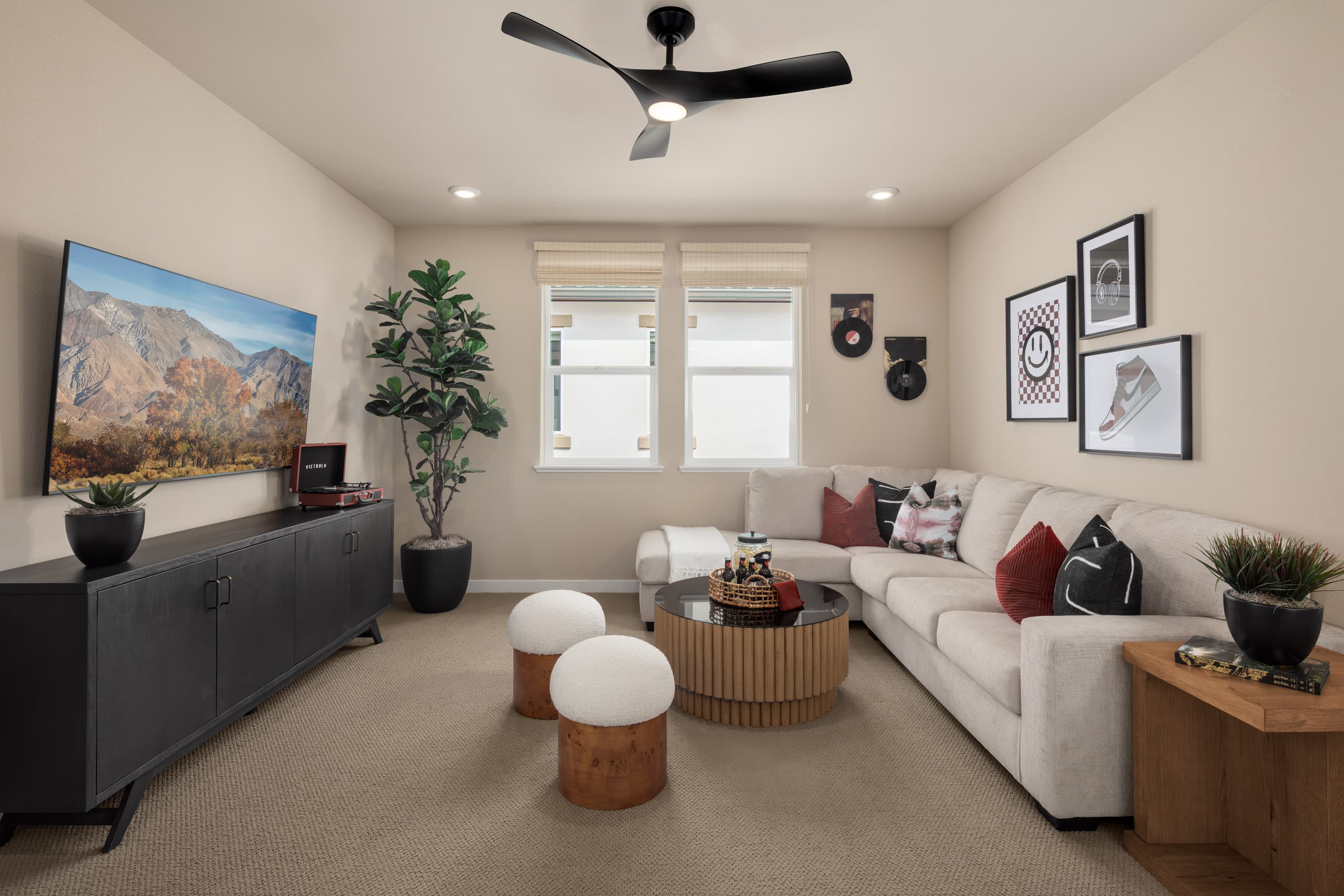 loft with white sofa and black cabinet