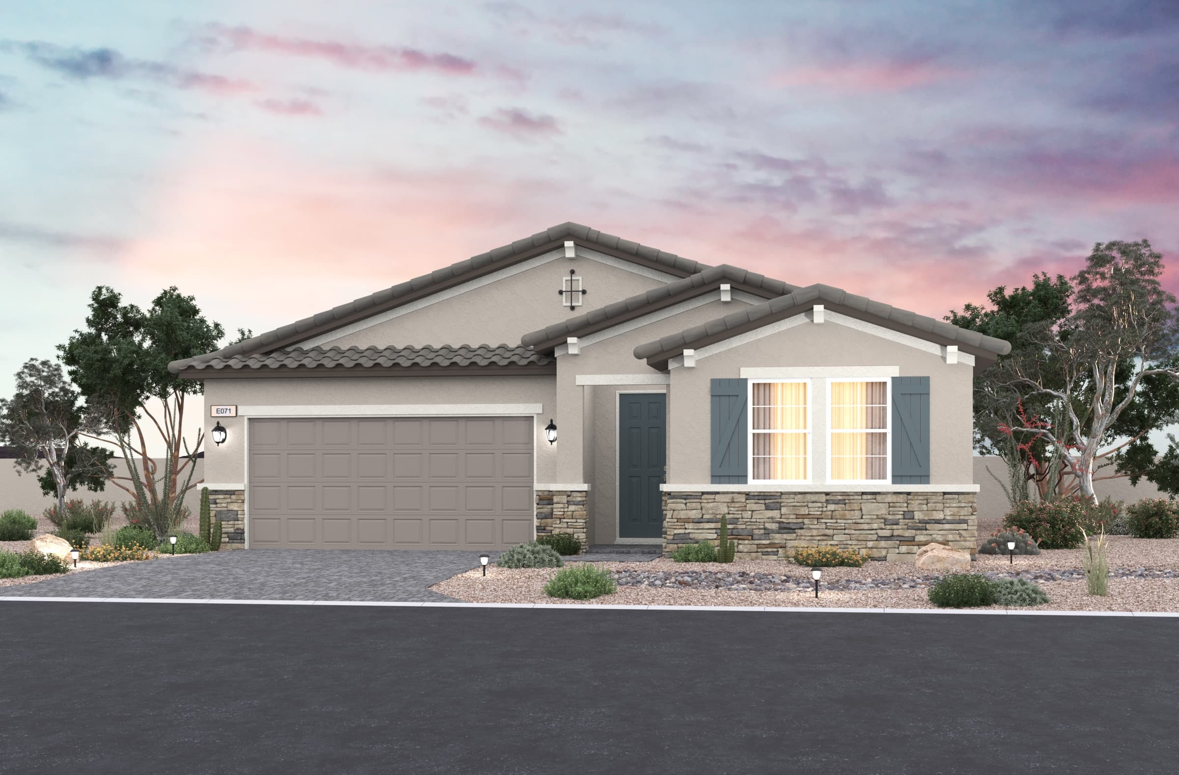 single-story home with blue shutters